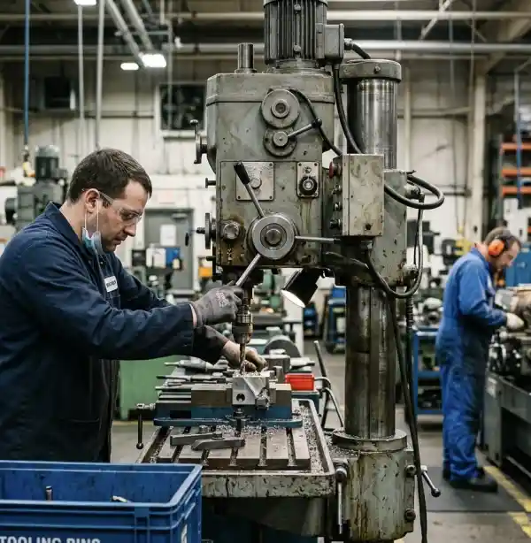 CNC milling machine cutting precision components in a Cambridgeshire engineering facility